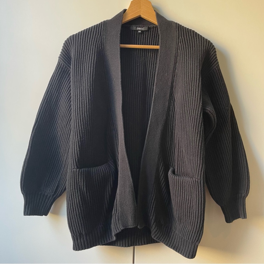 Quince 100% Organic Cotton Oversized Cardigan Black Ribbed Open Cardigan XS